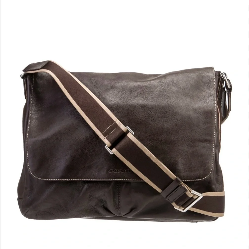 Coach Men's Heritage Web  Brown Leather Messenger Bag with Adjustable Strap